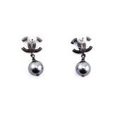 Chanel Gray Faux Pearl & Strass CC Drop Earrings