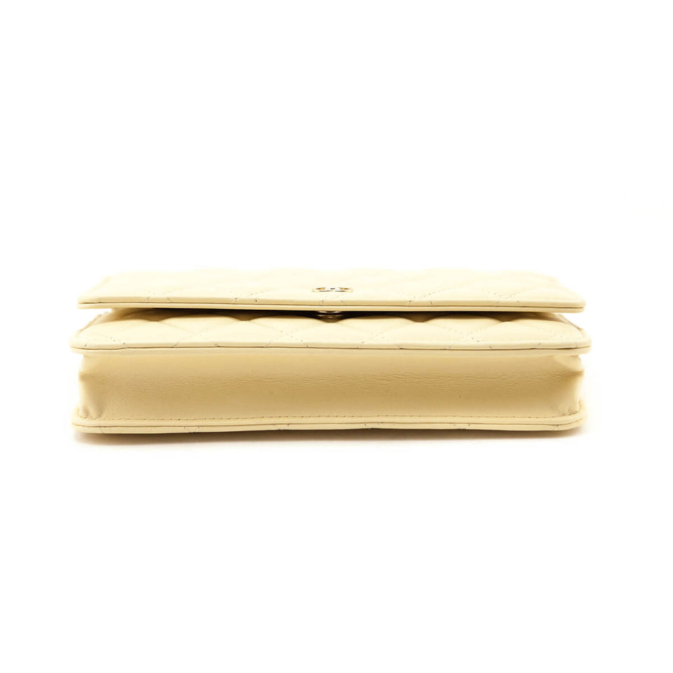 Chanel Light Yellow Lambskin Quilted Wallet On Chain