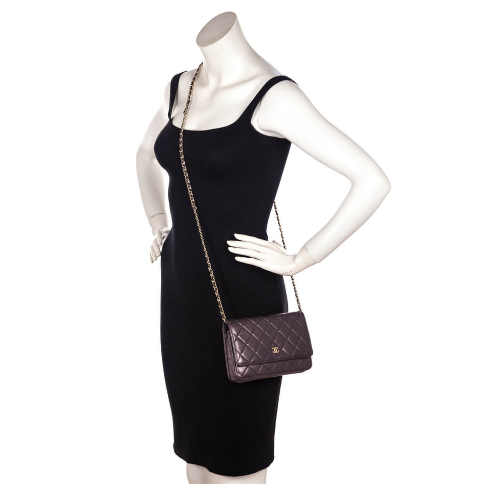 Chanel Dark Mauve Metallic Quilted Lambskin Wallet On Chain