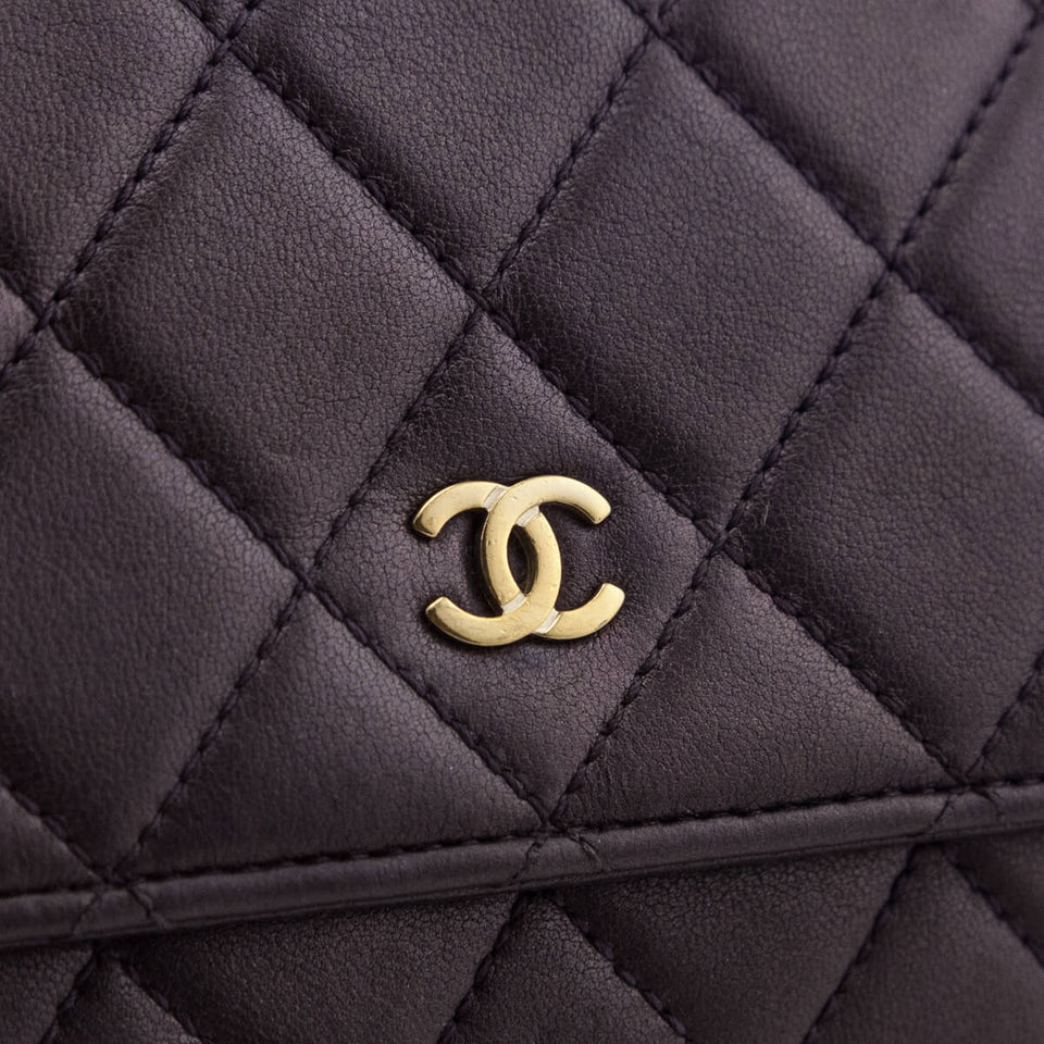 Chanel Dark Mauve Metallic Quilted Lambskin Wallet On Chain