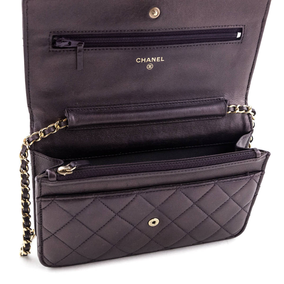 Chanel Dark Mauve Metallic Quilted Lambskin Wallet On Chain
