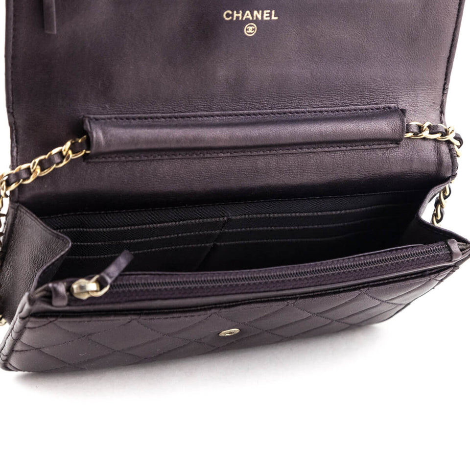 Chanel Dark Mauve Metallic Quilted Lambskin Wallet On Chain