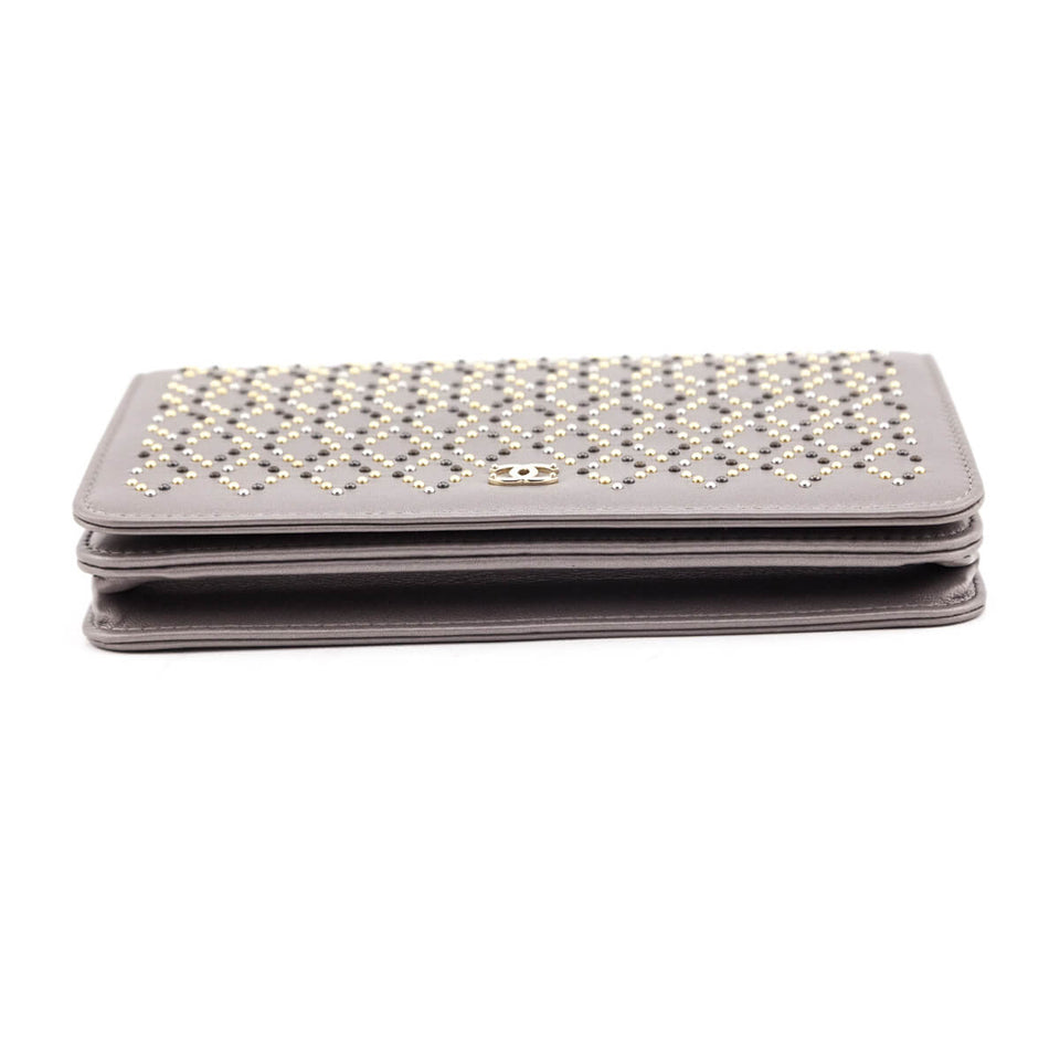 Chanel Metallic Gray Leather Studded Wallet on Chain Bag