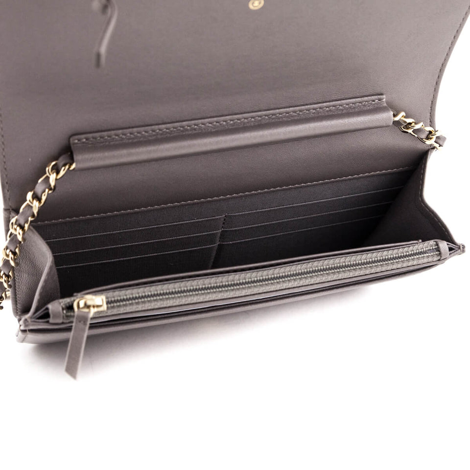 Chanel Metallic Gray Leather Studded Wallet on Chain Bag