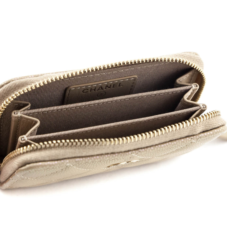 Chanel Metallic Iridescent Beige Quilted Caviar Classic Zipped Coin Purse