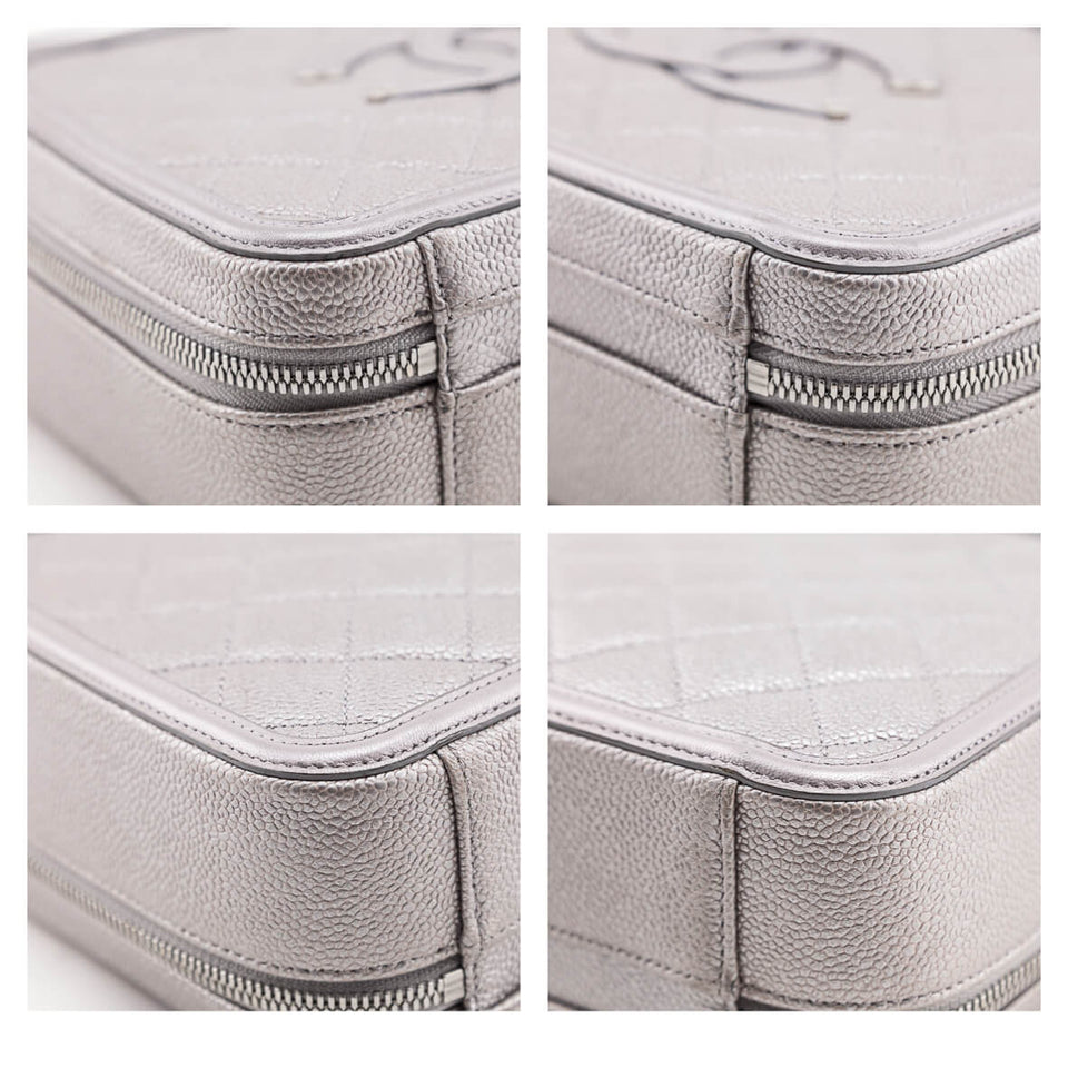 Chanel Metallic Silver Caviar Quilted Medium CC Filigree Vanity Case
