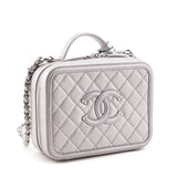 Chanel Metallic Silver Caviar Quilted Medium CC Filigree Vanity Case