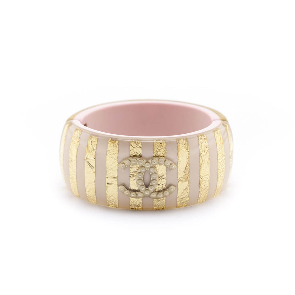 Chanel Pink & Gold Striped Resin & Faux Pearl CC Hinged Bracelet