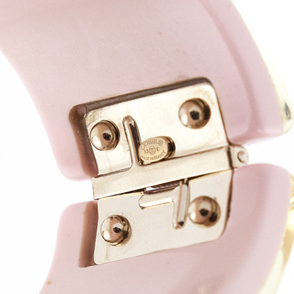 Chanel Pink & Gold Striped Resin & Faux Pearl CC Hinged Bracelet