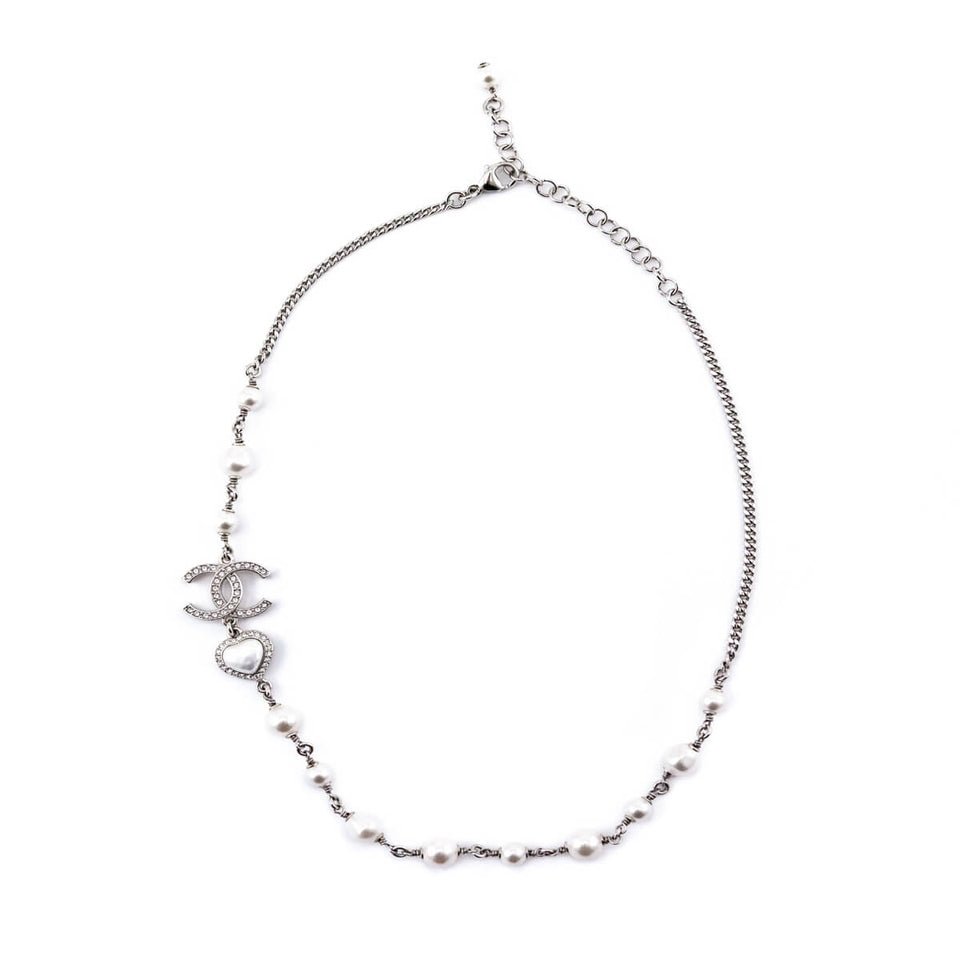 Chanel Silver Faux Pearl CC Necklace