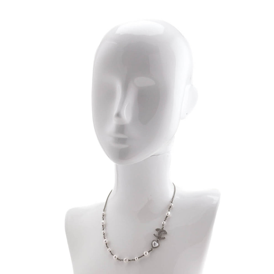 Chanel Silver Faux Pearl CC Necklace