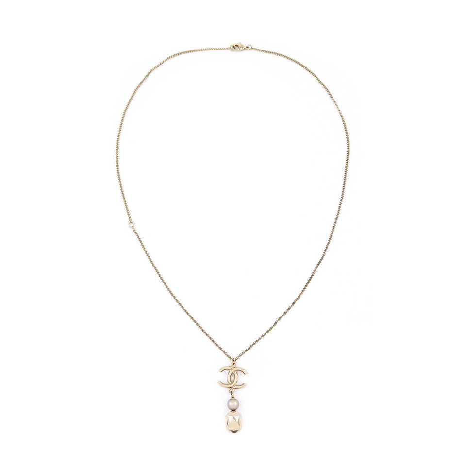 Chanel Gold-Tone Faux Pearl & CC Pendant Necklace