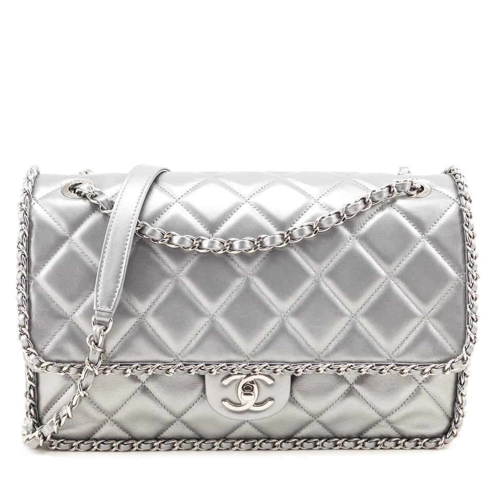 Chanel Silver Lambskin Quilted Large Chain All Over Flap Bag