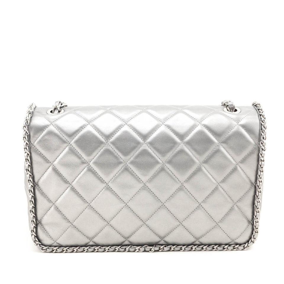Chanel Silver Lambskin Quilted Large Chain All Over Flap Bag