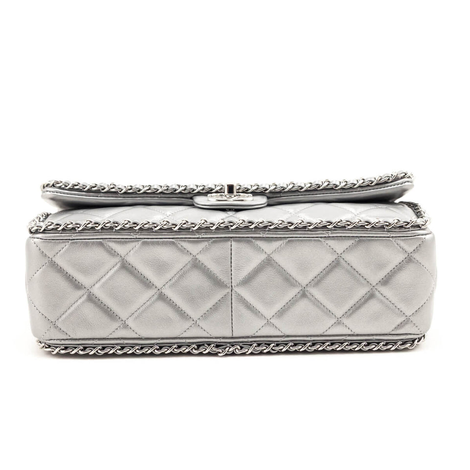 Chanel Silver Lambskin Quilted Large Chain All Over Flap Bag