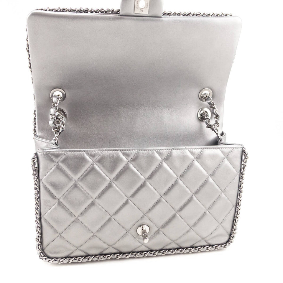 Chanel Silver Lambskin Quilted Large Chain All Over Flap Bag