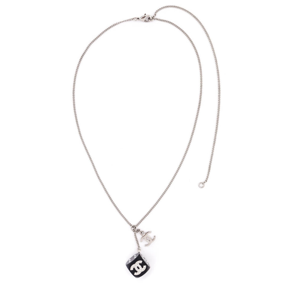 Chanel Silver & Black Crystal CC Dice Pendant Necklace