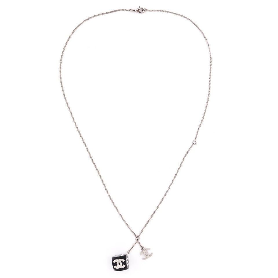 Chanel Silver & Black Crystal CC Dice Pendant Necklace