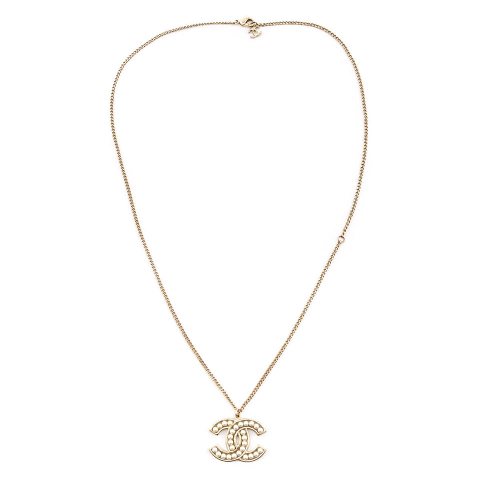 Chanel Pale Gold-Tone & Faux Pearl CC Pendant Necklace