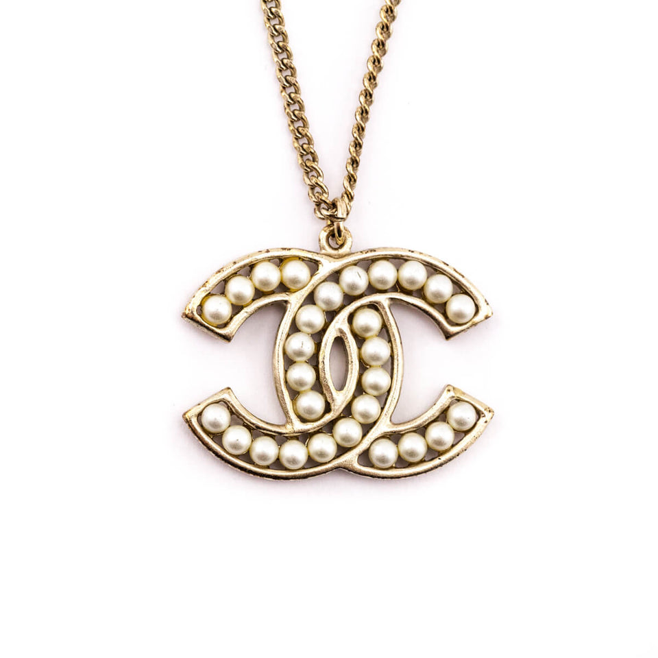 Chanel Pale Gold-Tone & Faux Pearl CC Pendant Necklace