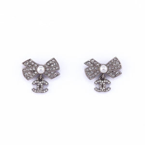 Chanel Strass & Faux Pearl Bow CC Drop Earrings