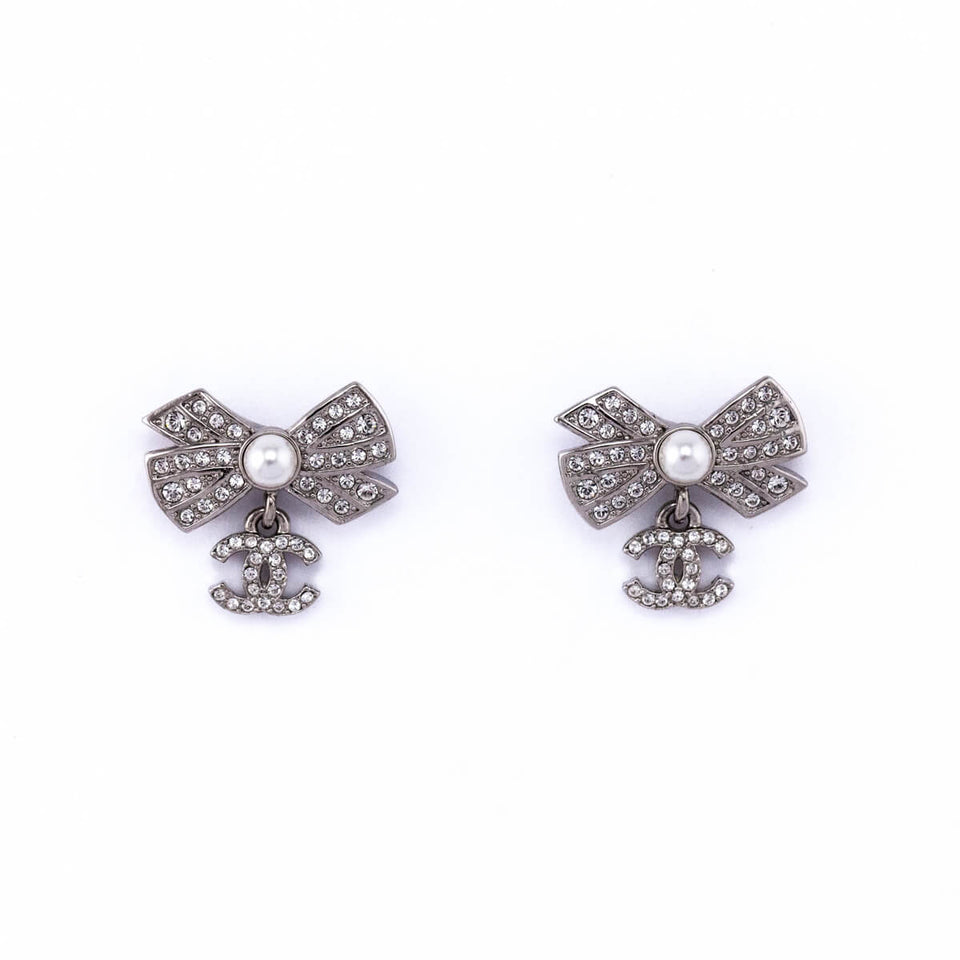 Chanel Strass & Faux Pearl Bow CC Drop Earrings