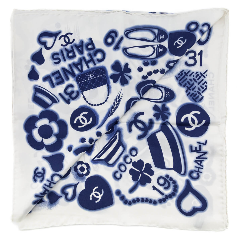 Chanel White & Blue Silk CC Icon Scarf