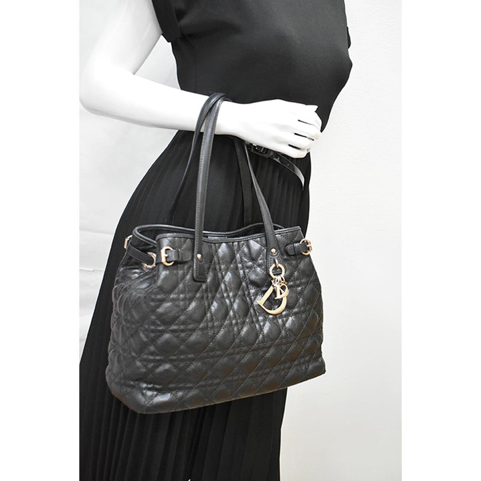 Christian Dior Panarea Quilted Cannage Rosato Canvas Tote Bag Black