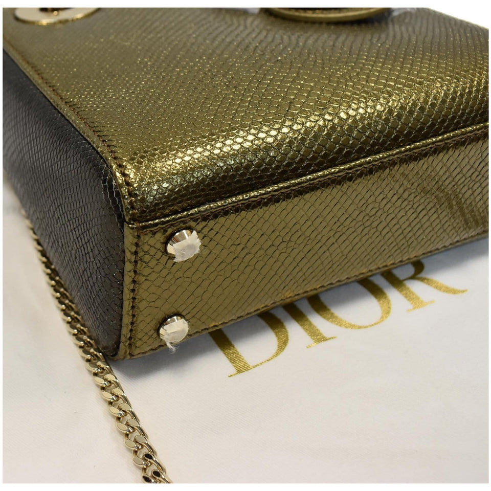 Christian Dior Mini Lady Dior Lizard Print Chain Shoulder Bag Metallic Gold