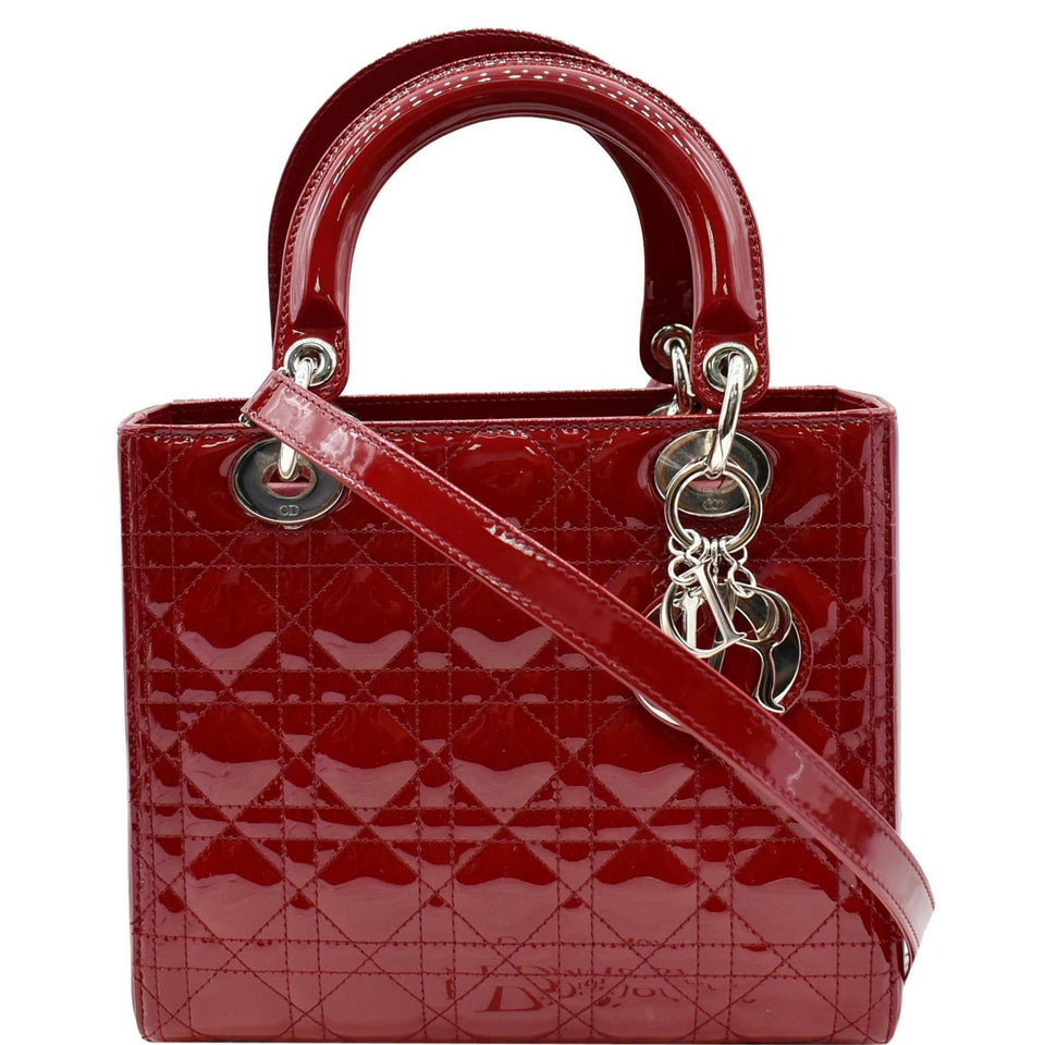 Christian Dior Medium Lady Dior Cannage Patent Leather Shoulder Bag Red