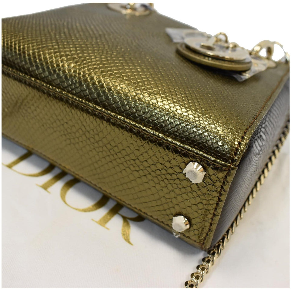 Christian Dior Mini Lady Dior Lizard Print Chain Shoulder Bag Metallic Gold