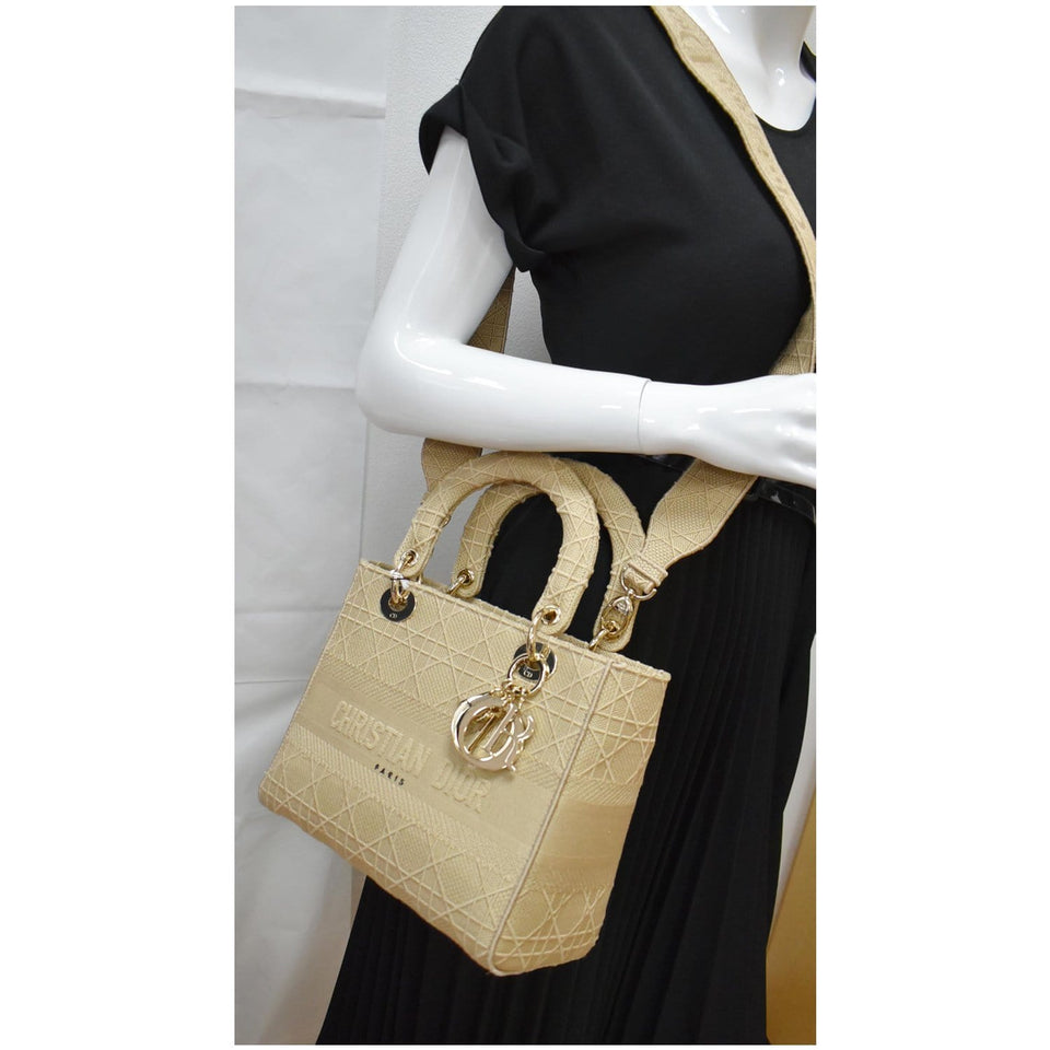 Christian Dior Medium Lady D-Lite Embroidered Canvas Shoulder Bag Beige
