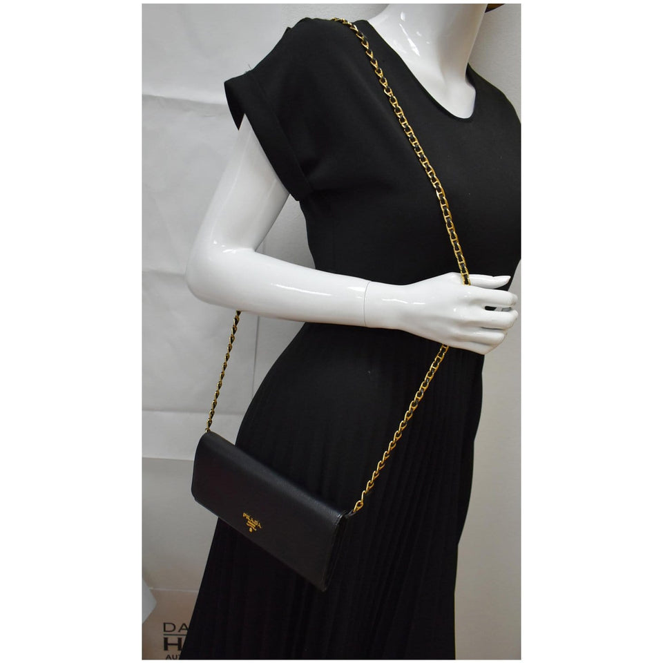Prada Saffiano Leather Wallet on Chain Clutch Crossbody Bag Black