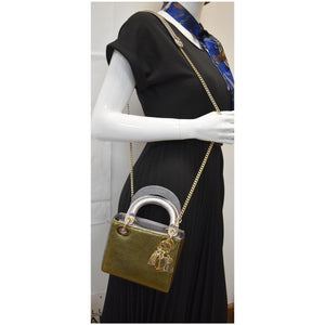 Christian Dior Mini Lady Dior Lizard Print Chain Shoulder Bag Metallic Gold