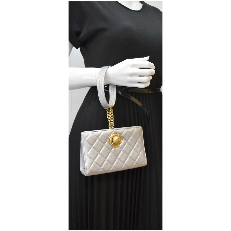 Chanel By The Sea Quilted Lambskin Leather Clutch Wallet Metallic Silver