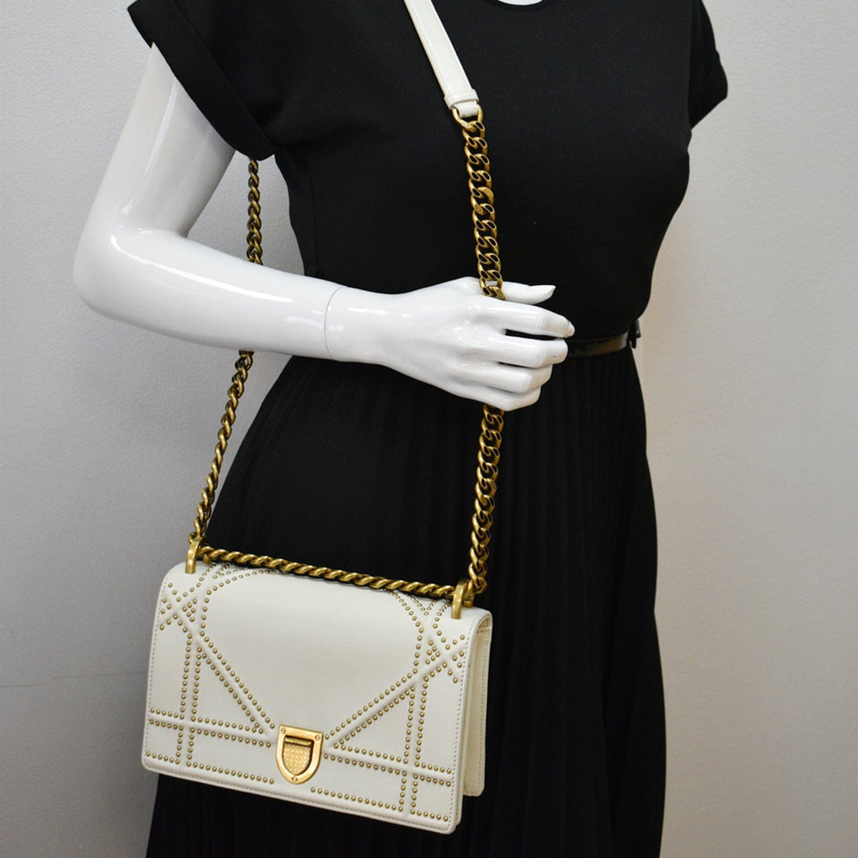 Christian Dior Small Diorama Studded Leather Flap Shoulder Bag White