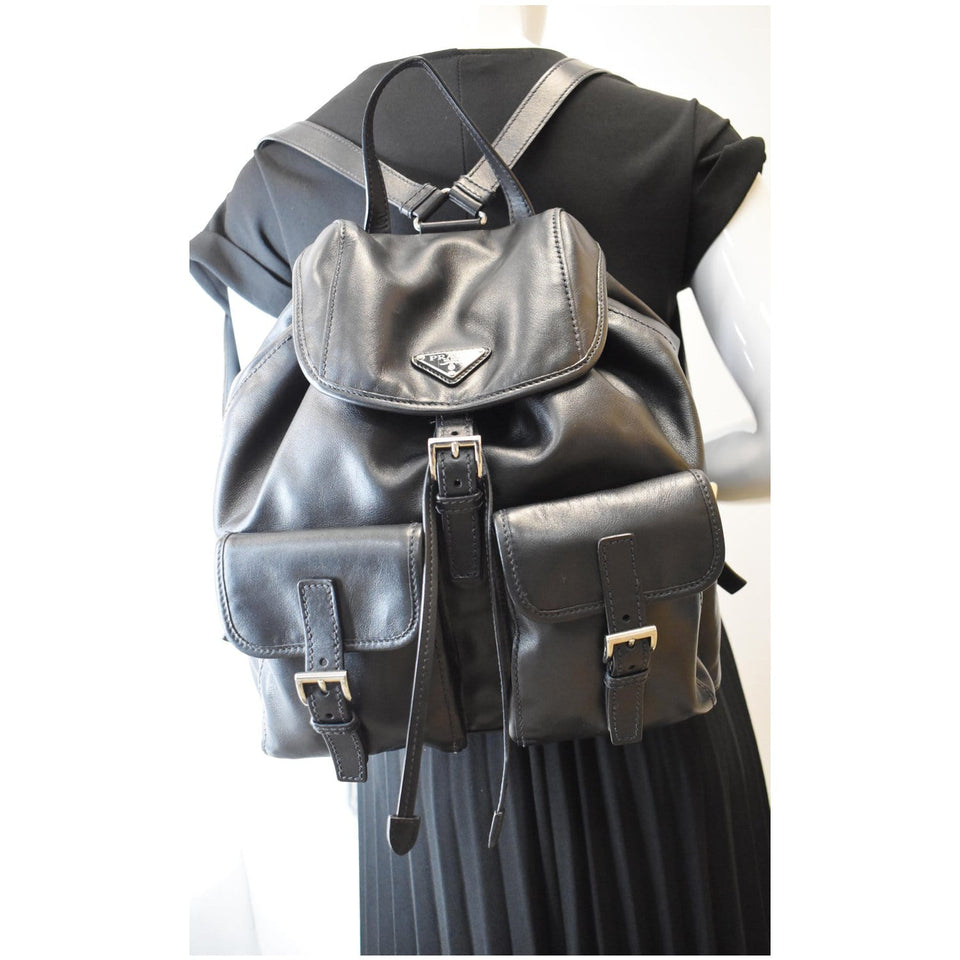 Prada Milano Double Pocket Leather Backpack Bag Black