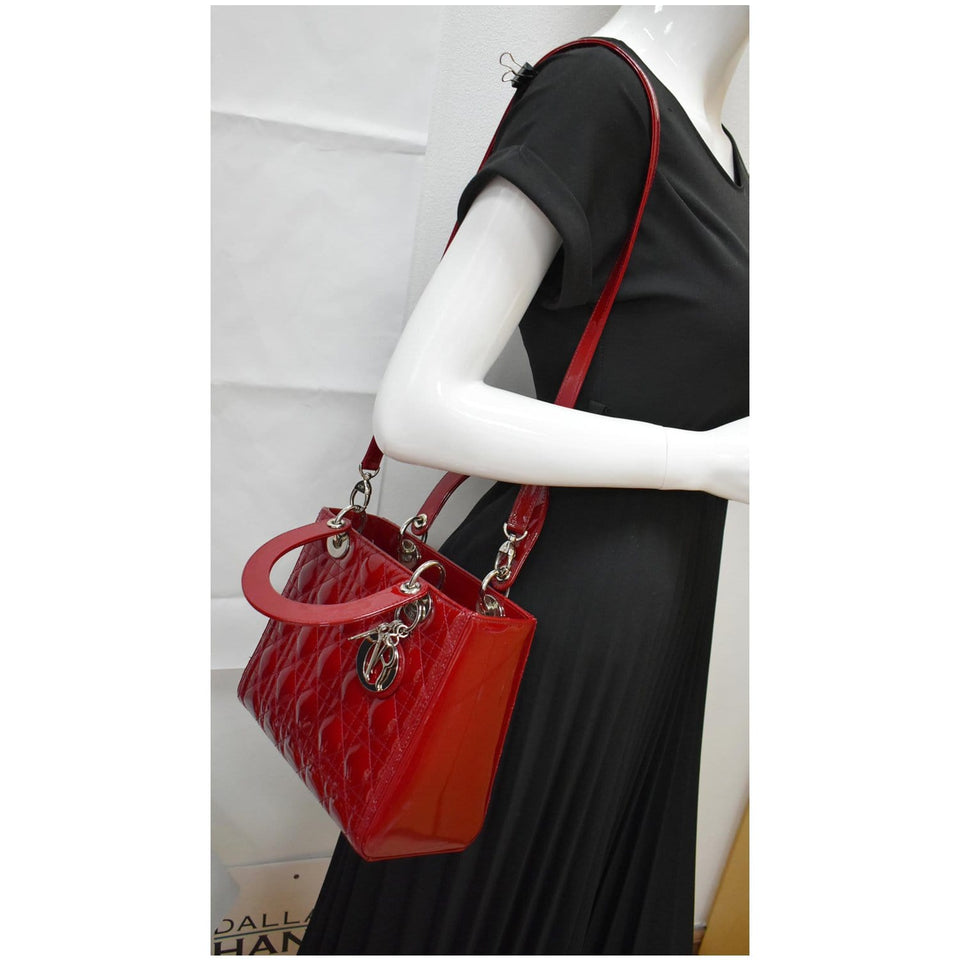 Christian Dior Medium Lady Dior Cannage Patent Leather Shoulder Bag Red