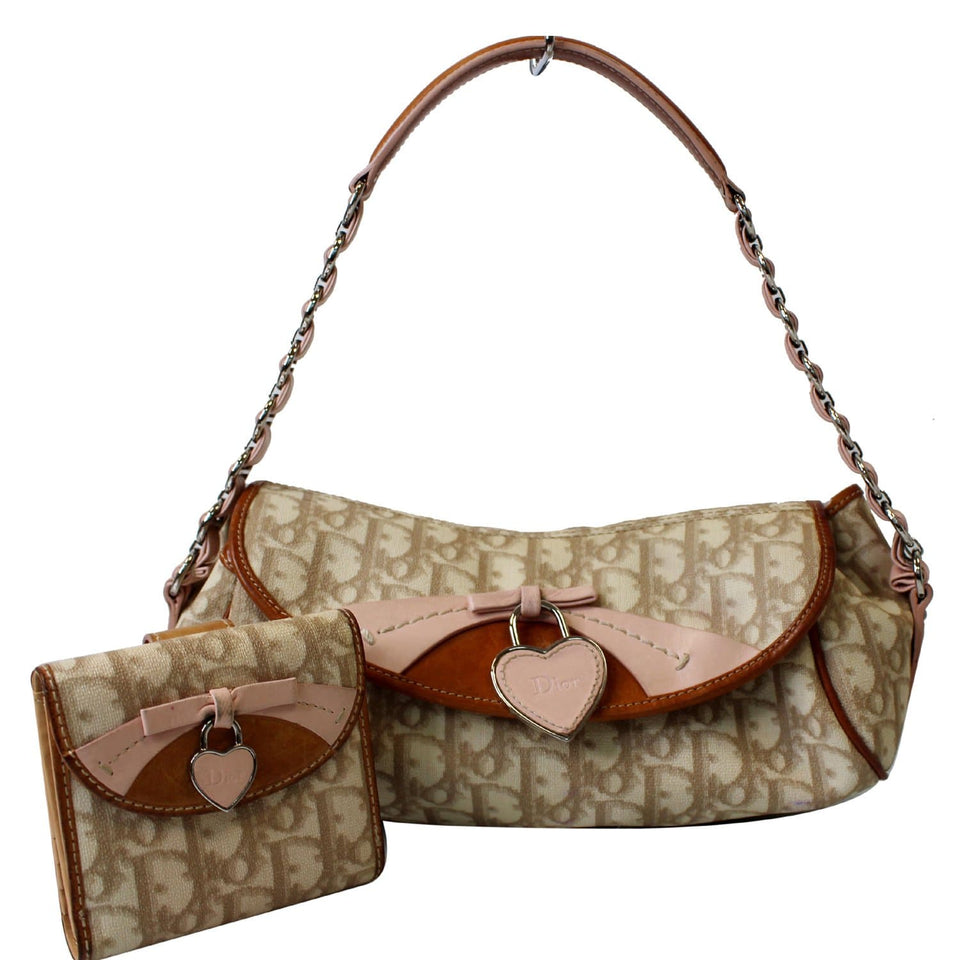 Christian Dior Trotter Romantique Heart Flap Canvas Shoulder Bag Pink