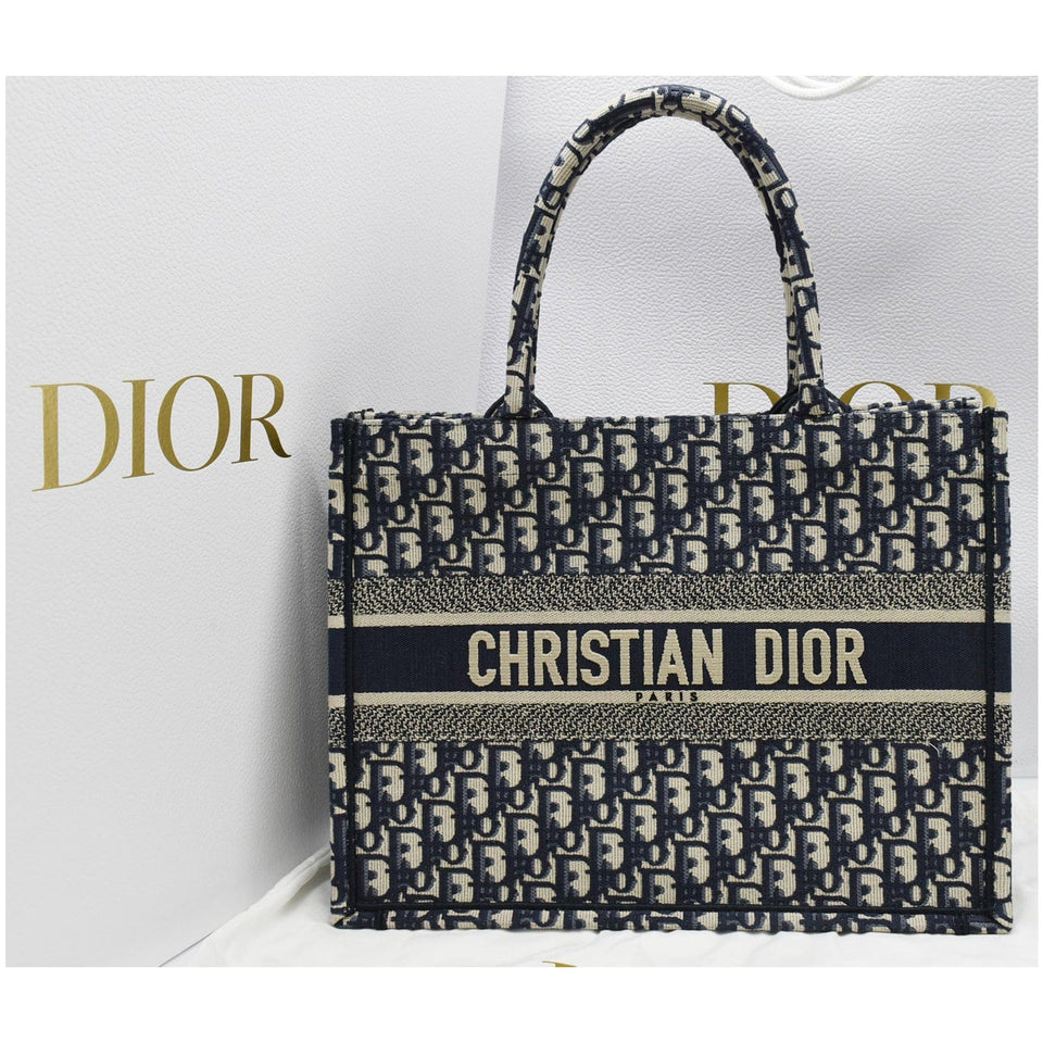 Christian Dior Book Medium Oblique Embroidery Tote Bag Blue