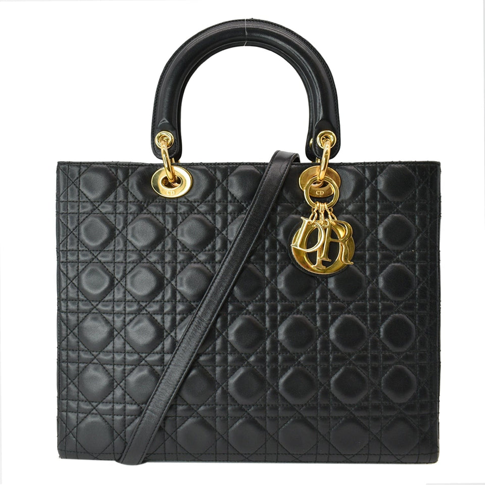 Christian Dior Large Lady Dior Cannage Lambskin Shoulder Bag Black