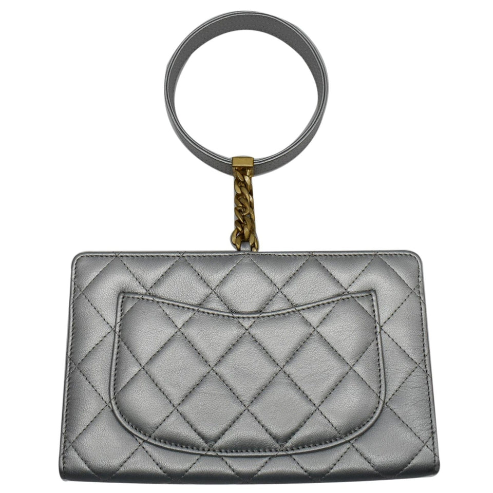 Chanel By The Sea Quilted Lambskin Leather Clutch Wallet Metallic Silver