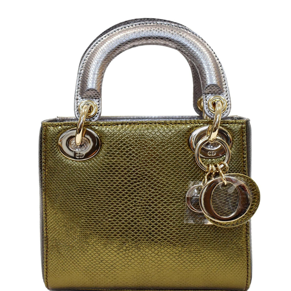 Christian Dior Mini Lady Dior Lizard Print Chain Shoulder Bag Metallic Gold