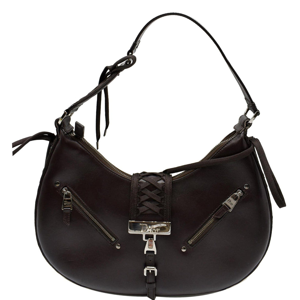 Christian Dior Lace Up Admit It Leather Hobo Bag Dark Brown