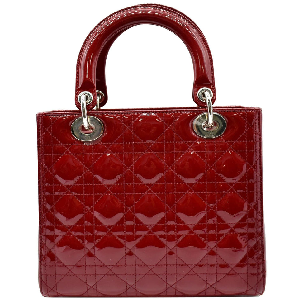 Christian Dior Medium Lady Dior Cannage Patent Leather Shoulder Bag Red