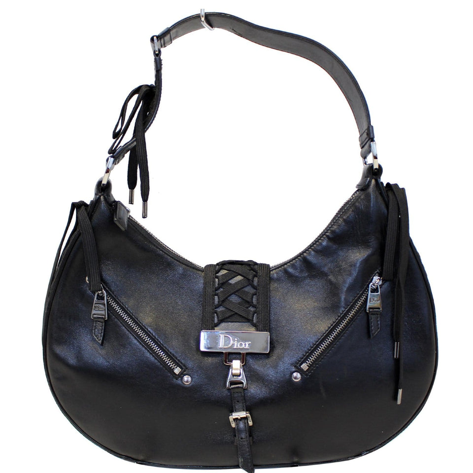 Christian Dior Lace Up Admit It Leather Hobo Bag Black
