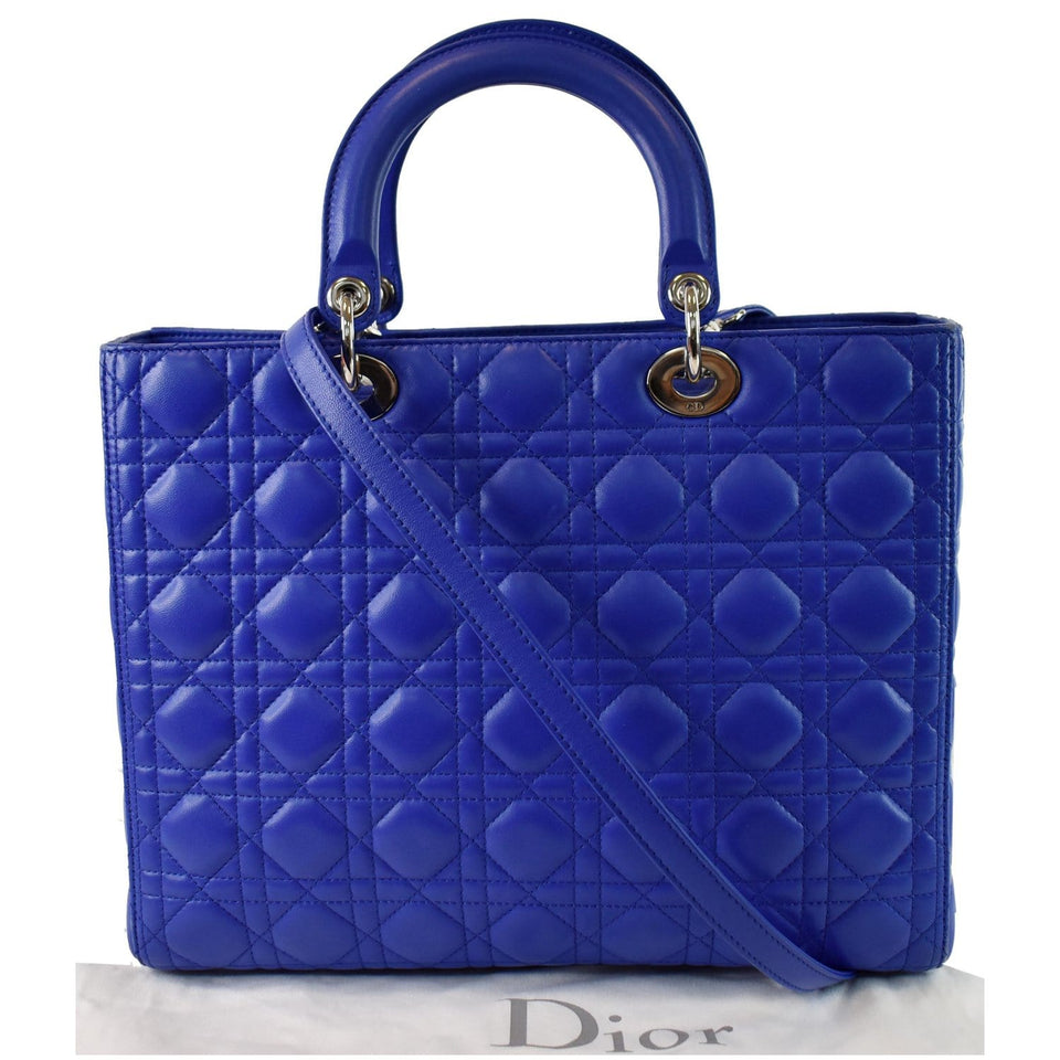 Christian Dior Large Lady Dior Lambskin Leather Shoulder Bag Blue
