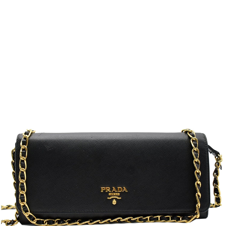 Prada Saffiano Leather Wallet on Chain Clutch Crossbody Bag Black