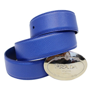 Prada Round Logo Blue Saffiano Leather Belt Size 40