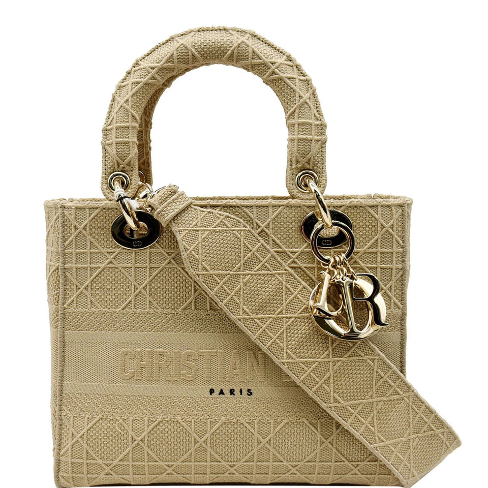 Christian Dior Medium Lady D-Lite Embroidered Canvas Shoulder Bag Beige